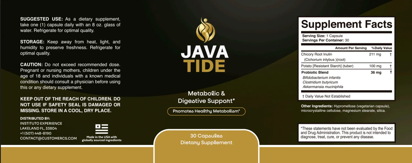 Javatide Supplement Facts label with suggested use and ingredient panel