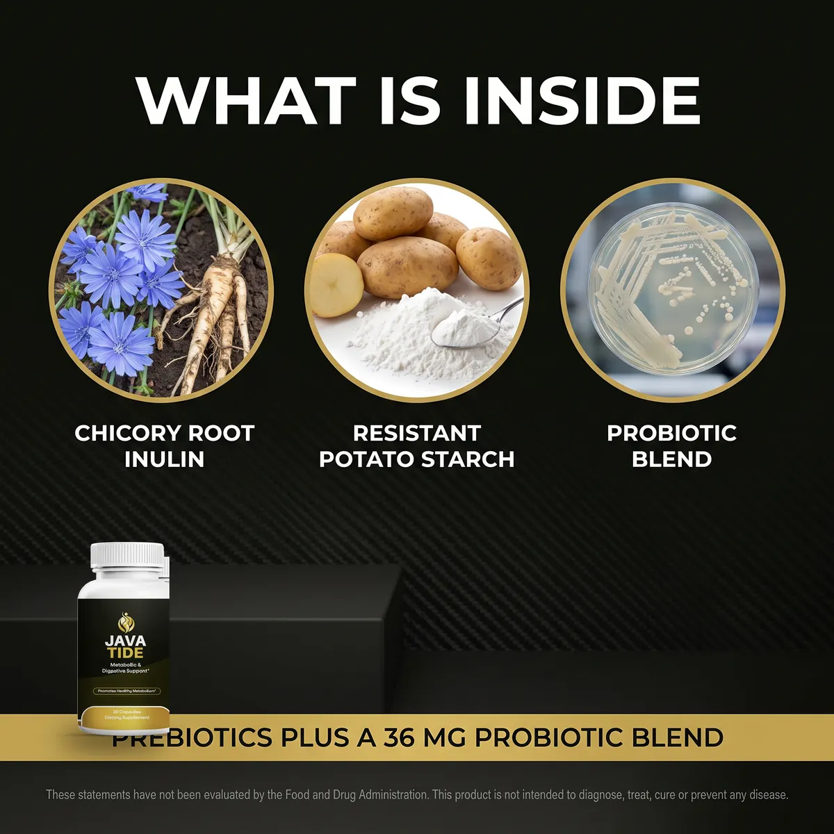 What is inside Javatide: chicory root inulin, resistant potato starch and a probiotic blend