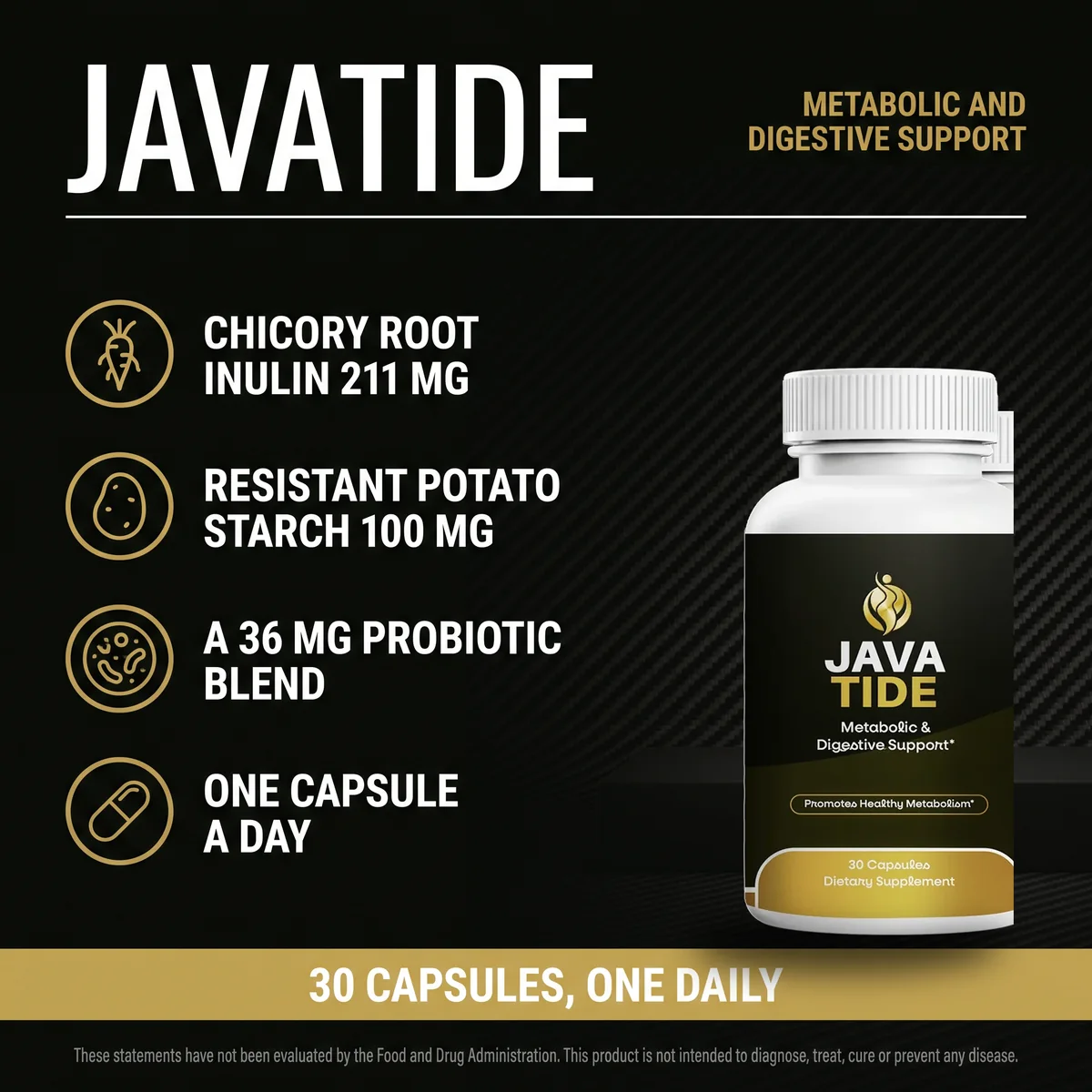 Javatide metabolic and digestive support: chicory root inulin 211 mg, resistant potato starch 100 mg, 36 mg probiotic blend, one capsule a day